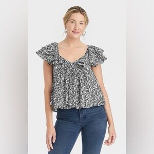 NWT Universal Thread Women's Ruffle Short Sleeve Blouse, Size Large, Floral